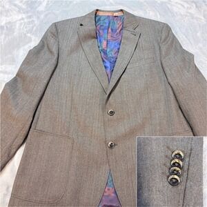 Robert Graham Gray/Brown Herringbone Wool Blazer Jacket  Paisley Lining Size 46